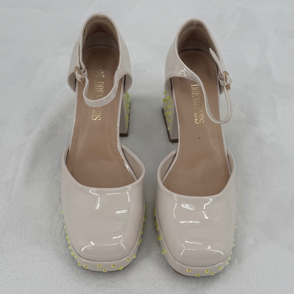 Dream Pairs Nude Patent Heels Rhinestone Platform Studded Block Heel Womans Sz 8